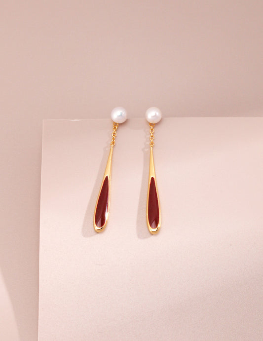  Natural Pearl and Red Drip Glaze Earrings